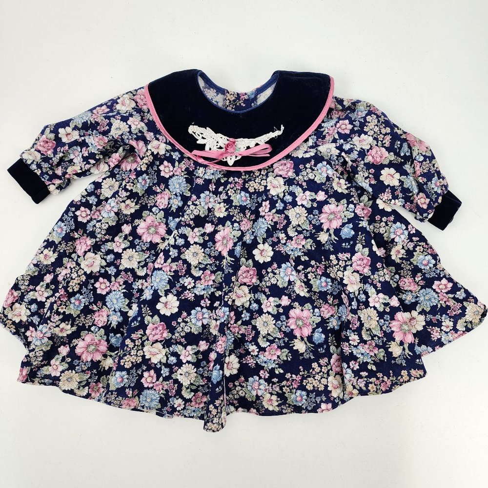 Vtg 90s Jolene USA Baby Toddler 2T Velvet Peter Pan Bib Collar Rose Lace Dress
